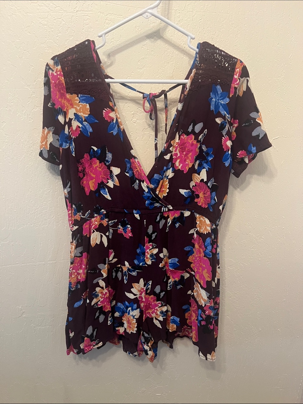 Floral V-Neck Women’s Top — Pink & Blue Flowers on Brown